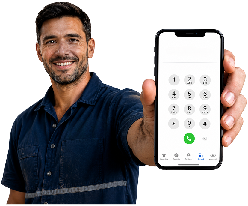 North Ryde Blocked Drains plumber holding a phone — call 1300 261 965