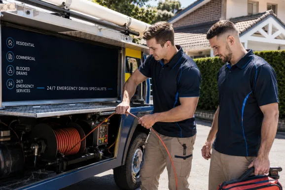 Two plumbers working on a blocked drain in North Ryde