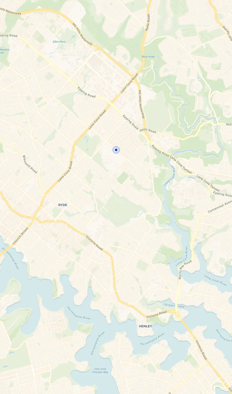 Map of the North Ryde service area and the surrounding suburbs we cover.