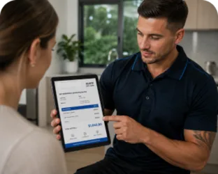 Plumber showing a North Ryde customer the quote on a tablet