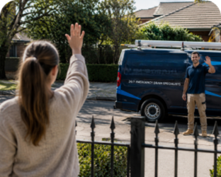 Customer waving goodbye to a North Ryde Blocked Drains plumber